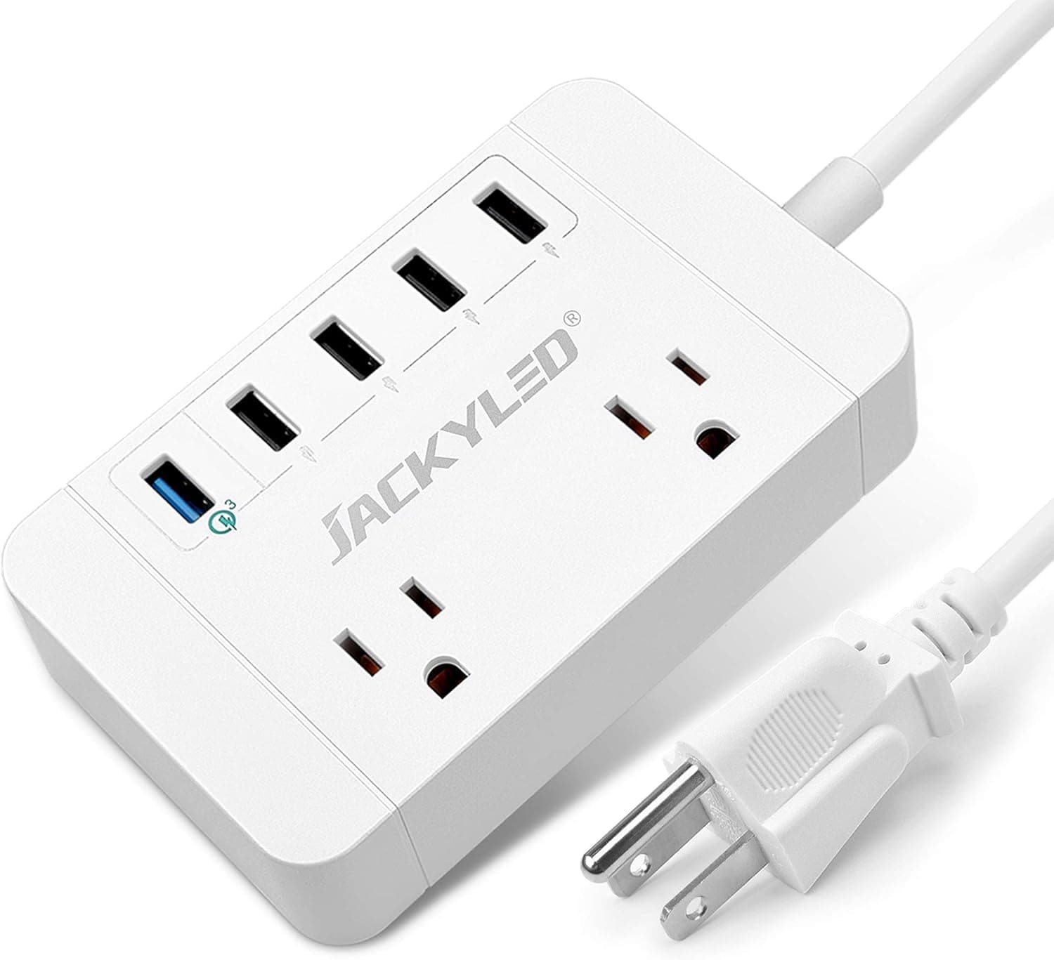 Quick Charge 3.0 Power Strip Surge Protector, JACKYLED Portable 10A Dual Outlets 5 USB Ports 6ft Extension Cord 1700 Joule, Wall Mountable Ideal for Home Office Hotel Dorm Travel, UL Listed, White