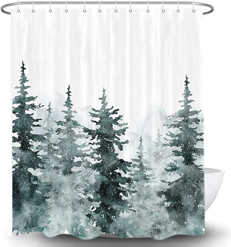 NYMB Winter Evergereen Forest Shower Curtain, Snowy Woodland Landscape in Neutral Grey Colors for Christmas, Waterproof Fabric Bathroom Accessories Decor Bath Curtain Set, 69X70 Inches