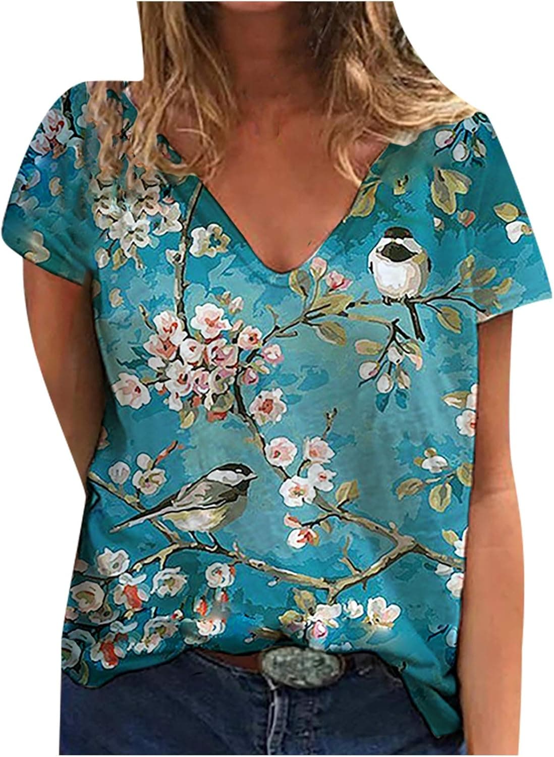 Womens Short Sleeve Shirts Cute Printed V-Neck Tshirts Blouse Summer Casual Tops Loose Fit Graphic Tees
