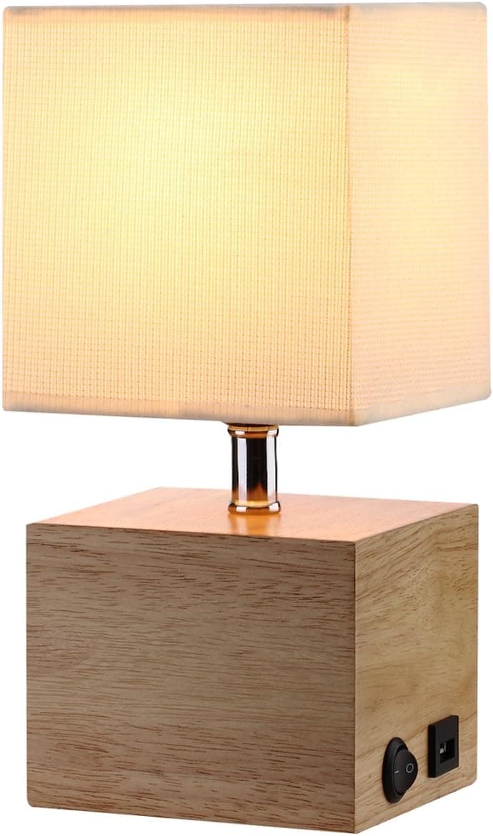 Natural Wood Base Table Lamp, Hompen Desk Lamp with 5V/2A USB Charging Port, On-off Rocker Switch, Cream with Gold Thread Fabric Shade
