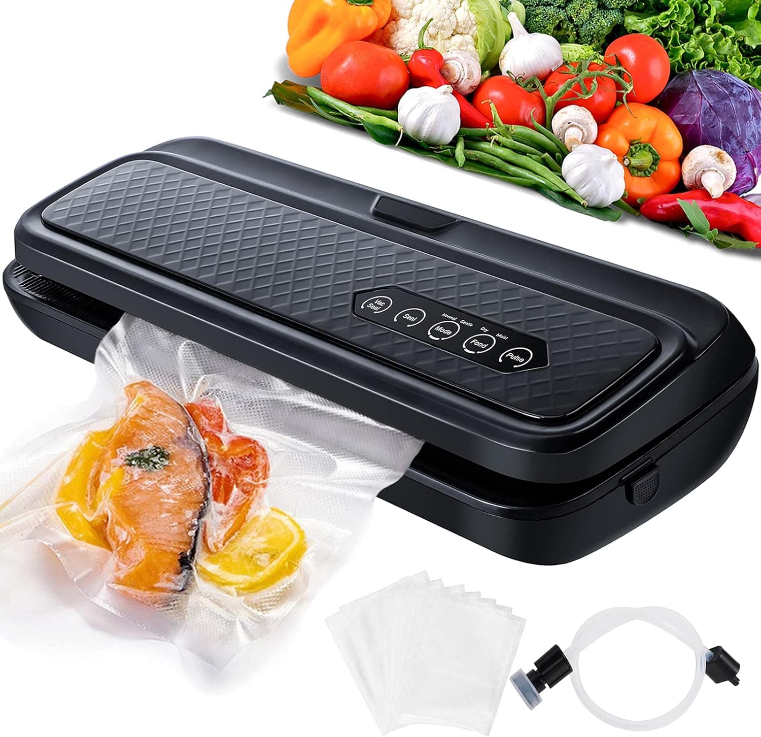 Vacuum Sealer Machine, Food Vacuum Sealer Machine for Liquid-Rich Food, With Built-in Cutter, Dry & Moist Food Mod, Compact Design, Easy to Clean, with 10 Pack Vacuum Sealer Bags-Black