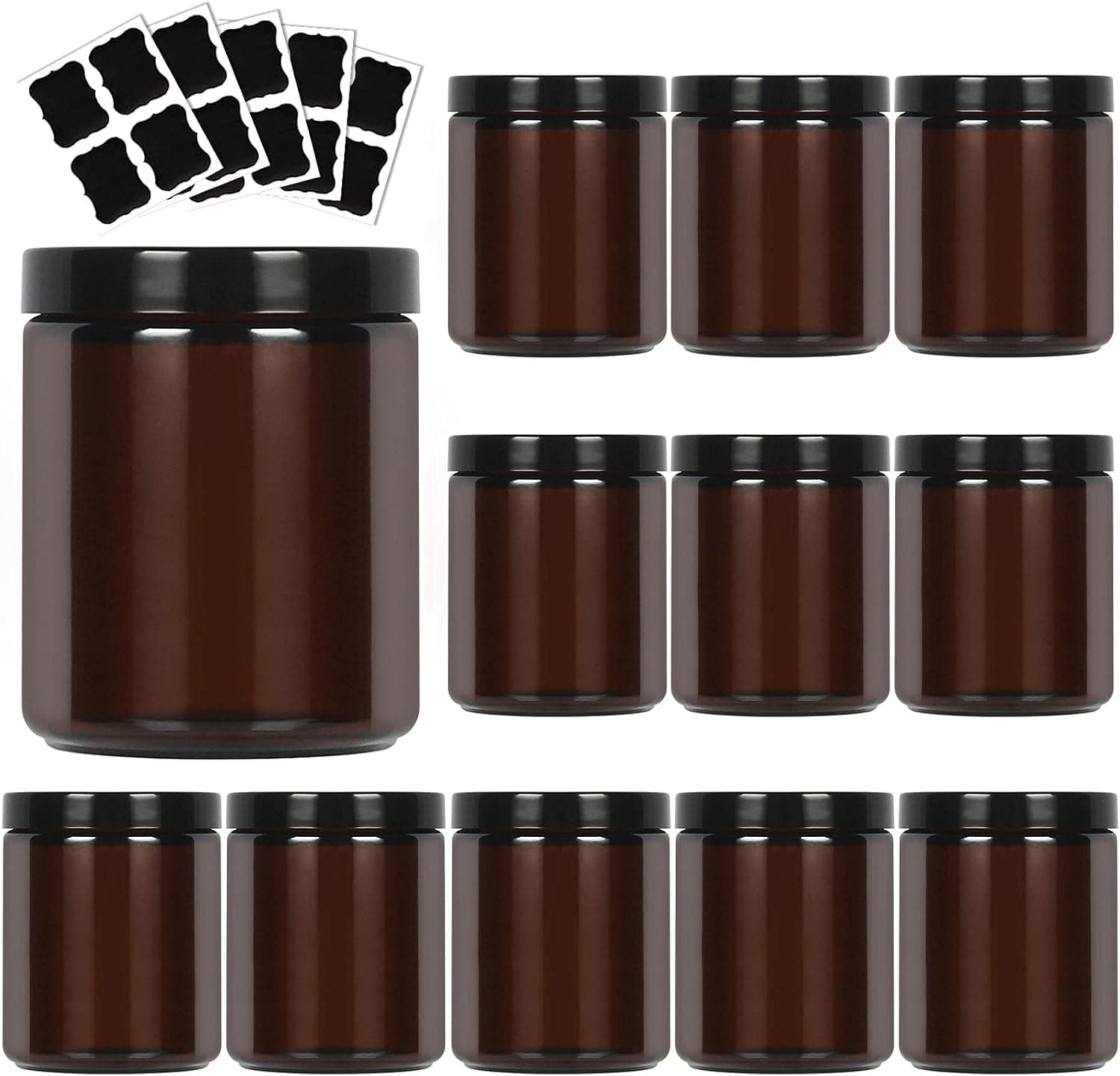 8 oz Amber Round Glass Jars with Plastic Lids,Empty Cosmetic Bottles For Beauty Products, Lotion, Powders and Ointments.Set of 12 Pack.