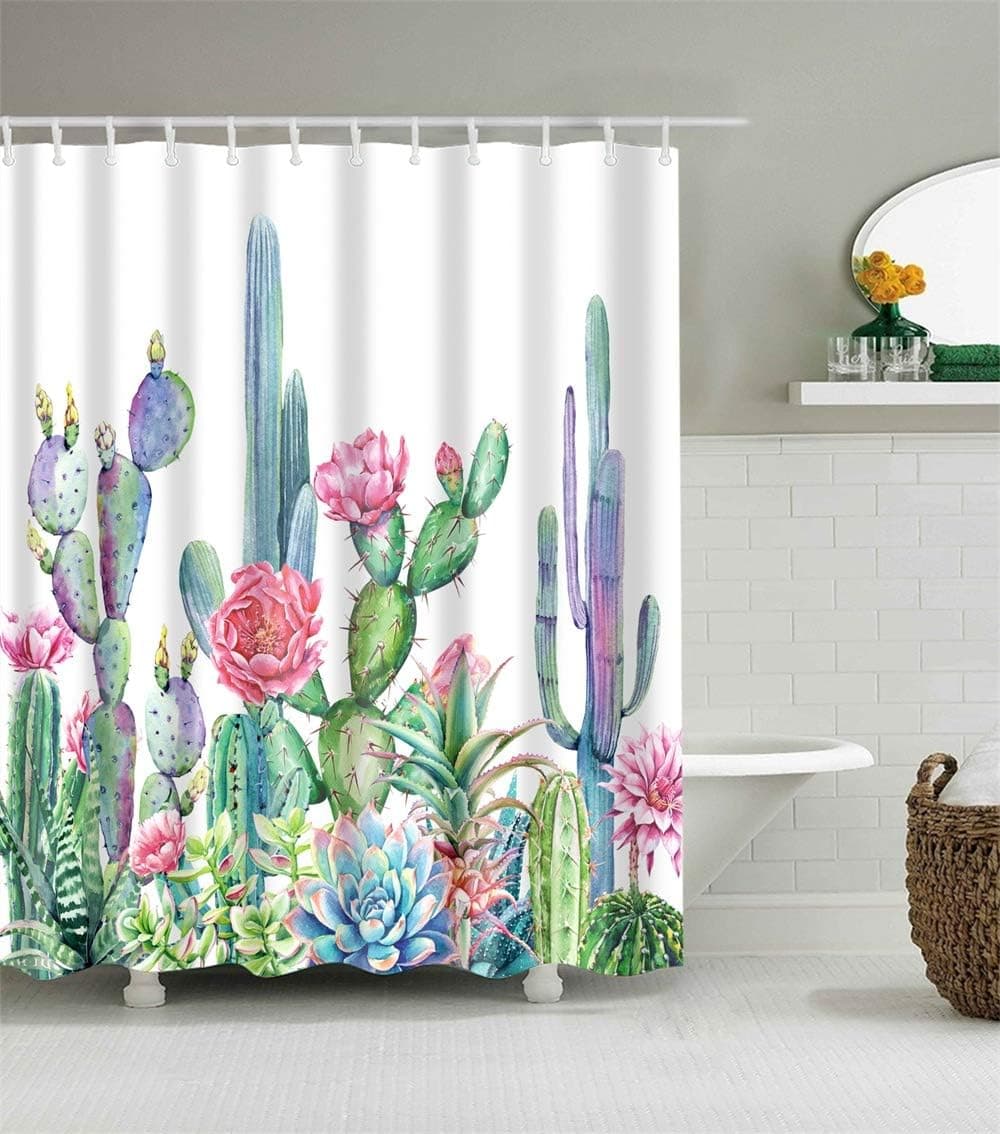 Cactus Shower Curtain Set with 12 Hooks Desert Tropical Plants Purple Barbary Fig Red Pink Floral Fuchsia Blossom Vibrant Flower Green Succulents Bathroom Decor Waterproof Polyester Fabric Accessories