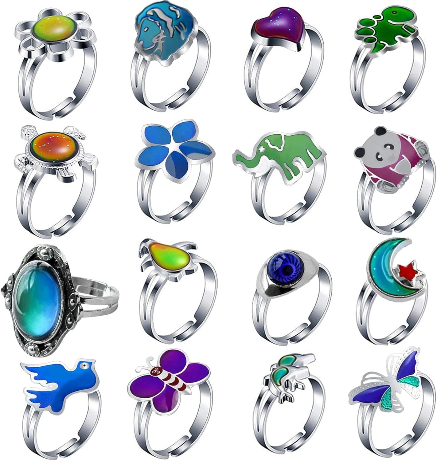16 Pieces Mood Rings Turtle Eye Panda Elephant Butterfly Lion Change Color Emotion Feeling Finger Ring