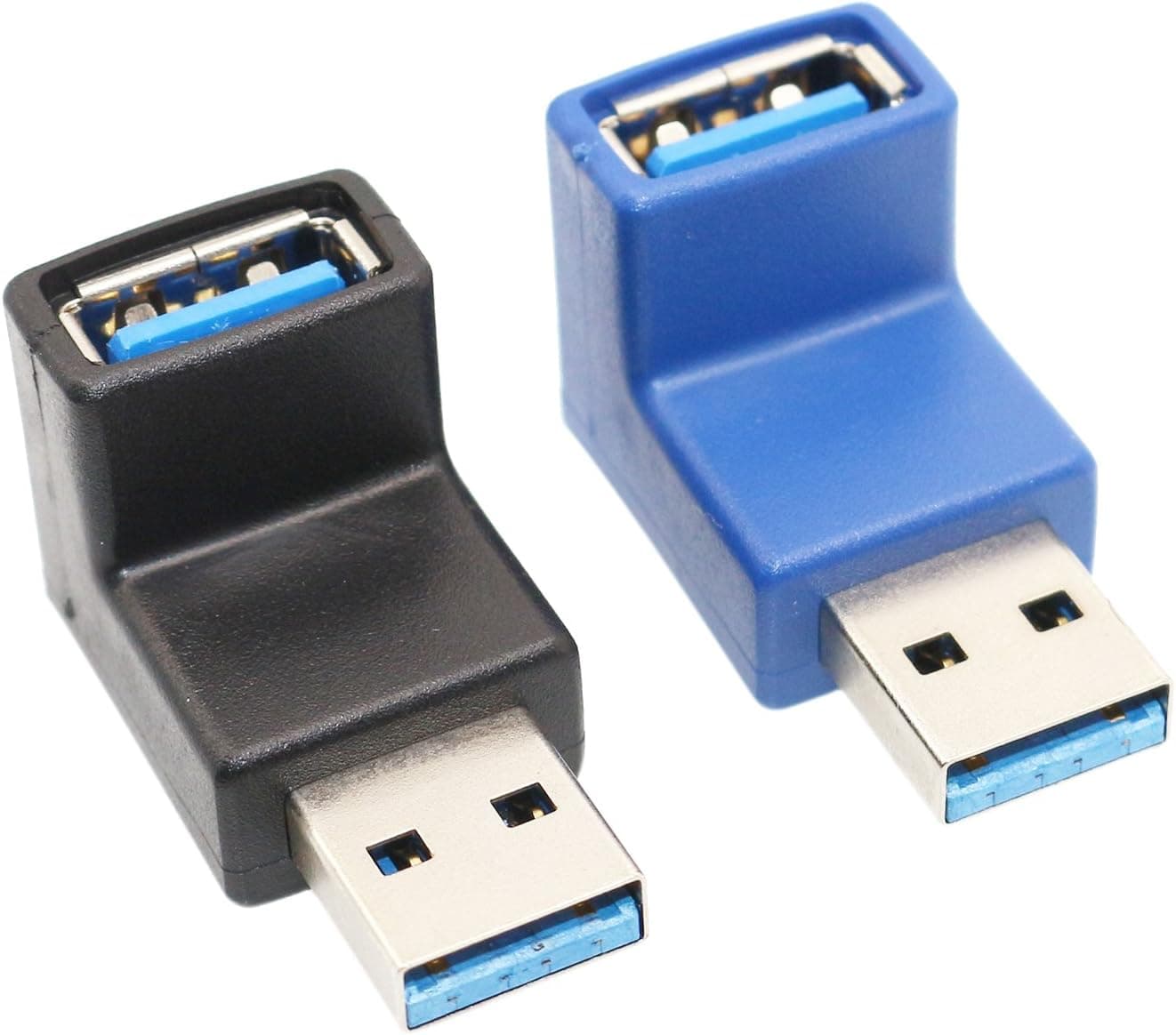 VCZHS USB3.0 AM to AF L Shape Converter Adapter USB 3.0 A Male to A Female 90 Degree Angle Plug Black+Blue (Pack of 2)