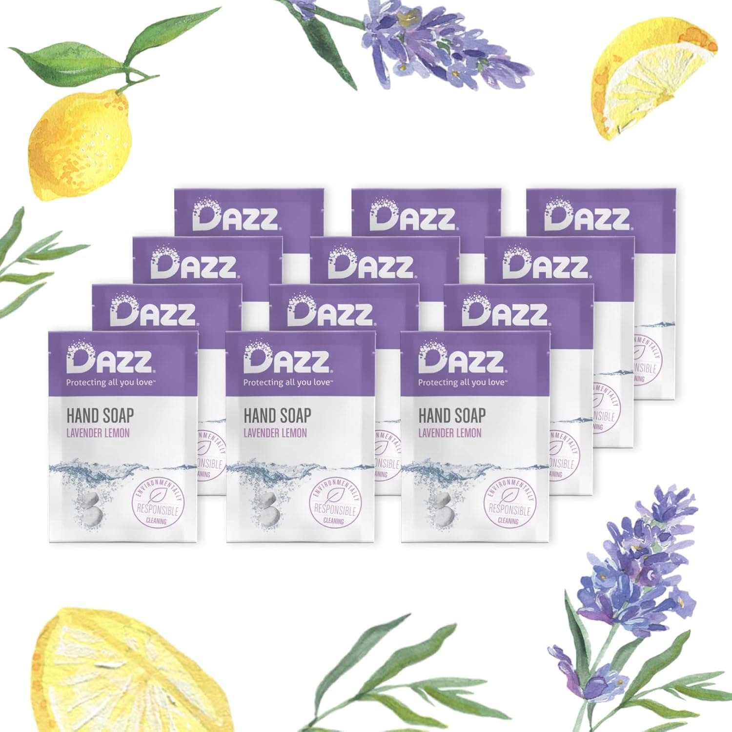 Dazz Foaming Hand Soap Refill Pack (12 Refill Tablet Packets) Hand Soap Refill, Naturally Safe & Non Toxic, Rich Lather Hand Wash, Lavender Lemon Scent (Foaming Pump Dispenser Required)