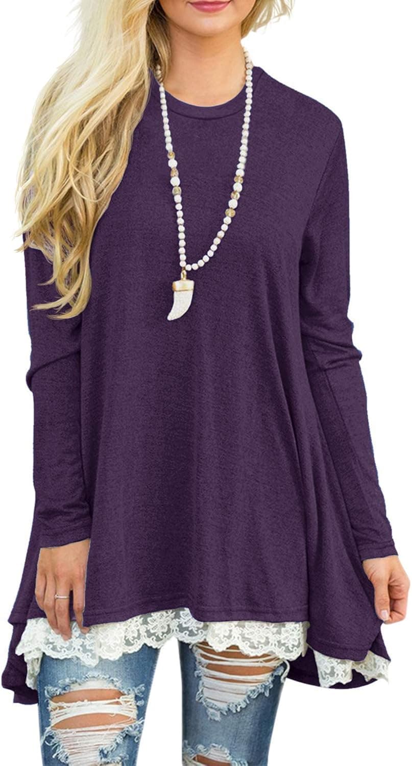 Sanifer Womens Tops Long Sleeve Tunics Round Neck Blouses Shirts for Leggings
