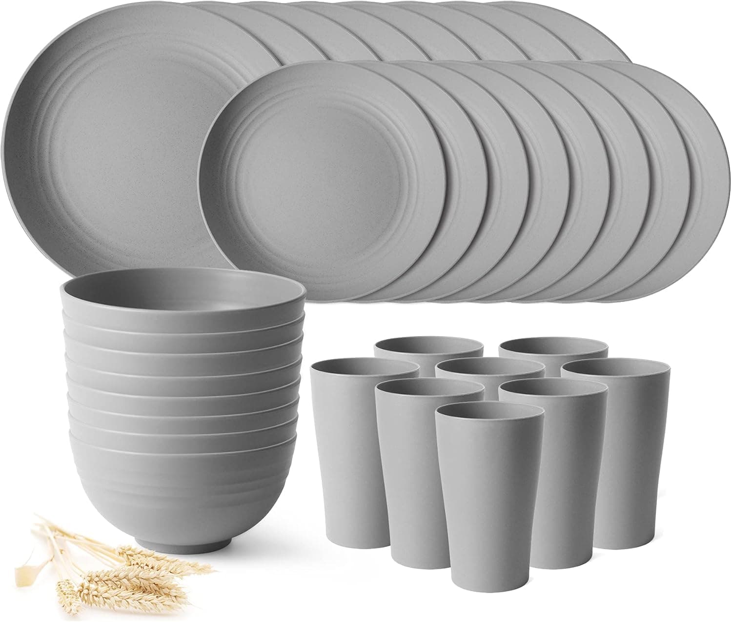 Teivio Kitchen Wheat Straw Dinnerware Set, Dinner Plates, Dessert Plate, Cereal Bowls, Cups, Unbreakable Plastic Outdoor Camping Dishes (Service for 8 (32pcs), Grey)