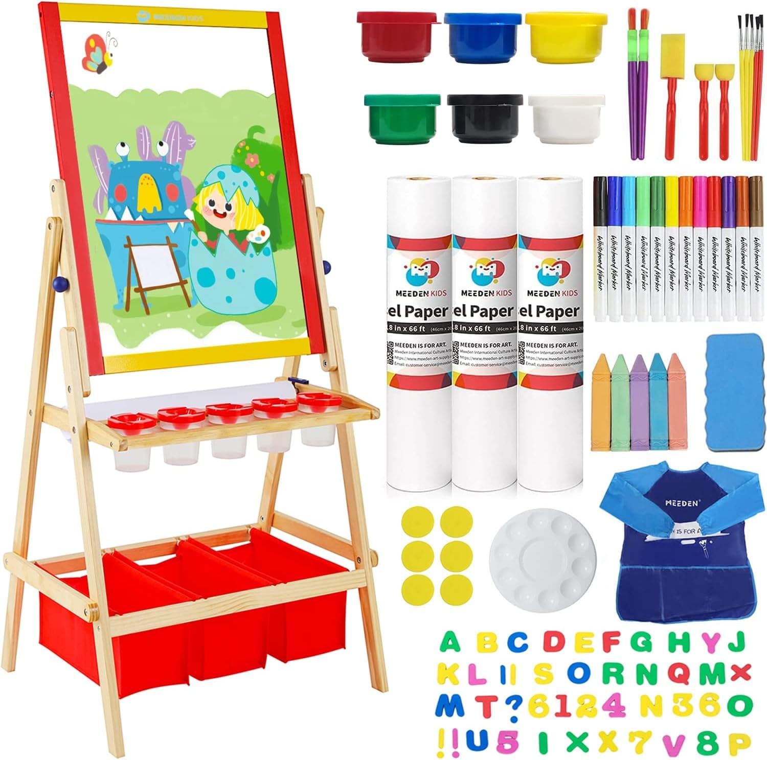 MEEDEN Kids Easel, Double Sided Wooden Painting Easel for Children, Kids Art Easel with 3 Paper Rolls, Chalkboard & Magnetic Dry Erase Board with Storage, Washable Finger Paint and More