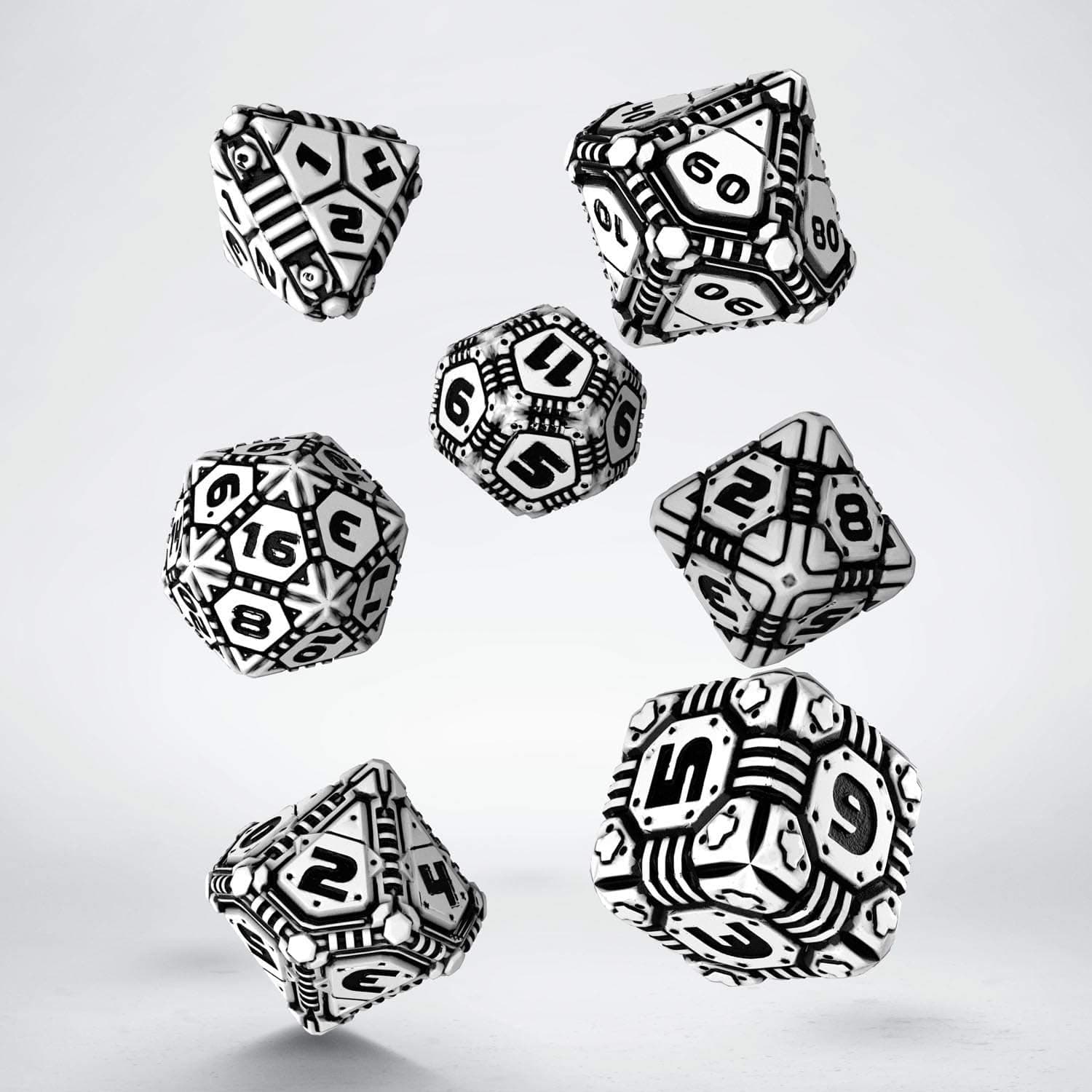 Q-Workshop QWOTEC02 Qworkshop 7 Piece Tech Dice Set, White and Black, Multi-Color