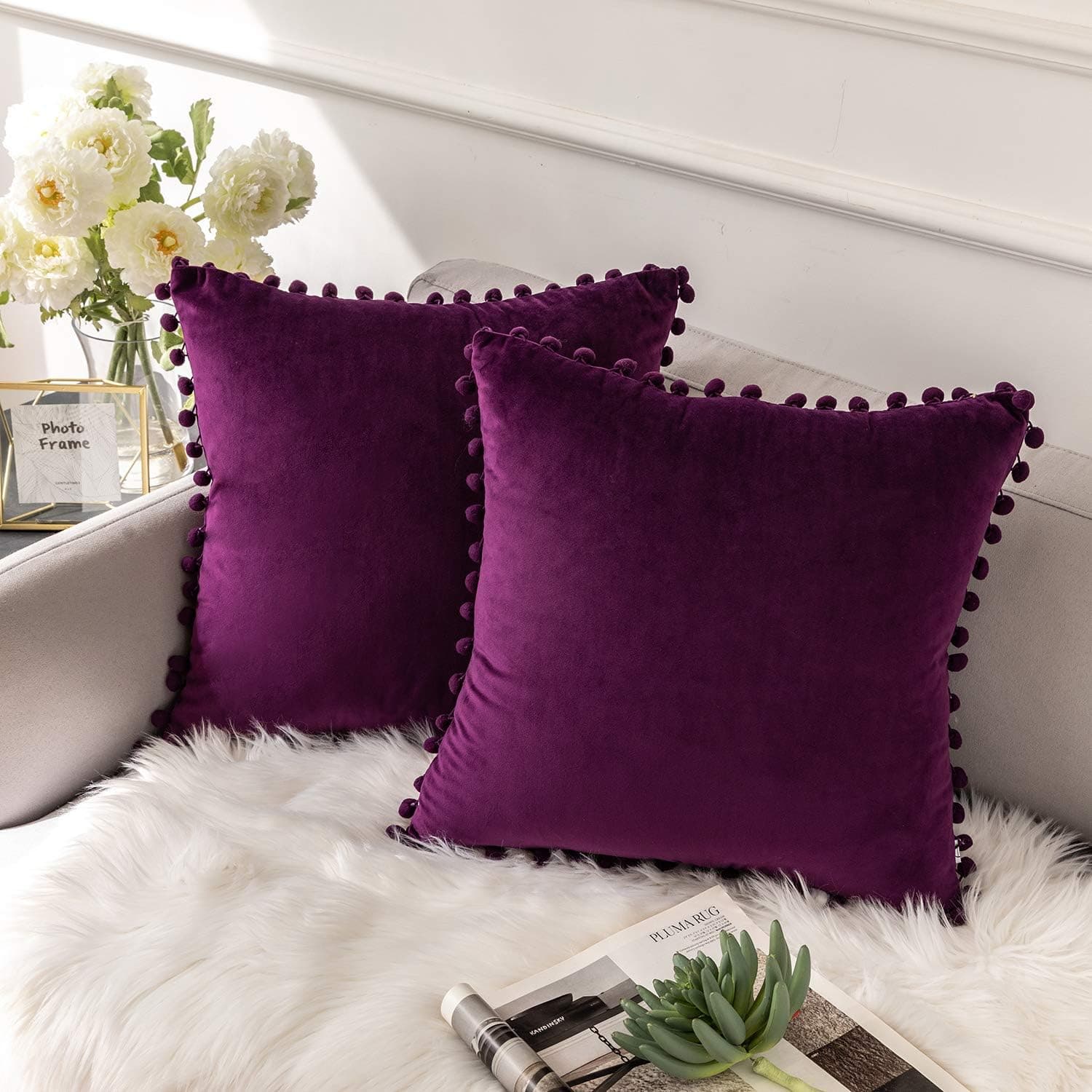Ashler Throw Pillow Cases with Soft Pom Poms Velvet Plush Vibrant Elegant Cushion Covers, Pack of 2, Dark Purple 20 x 20 inches 50 x 50 cm