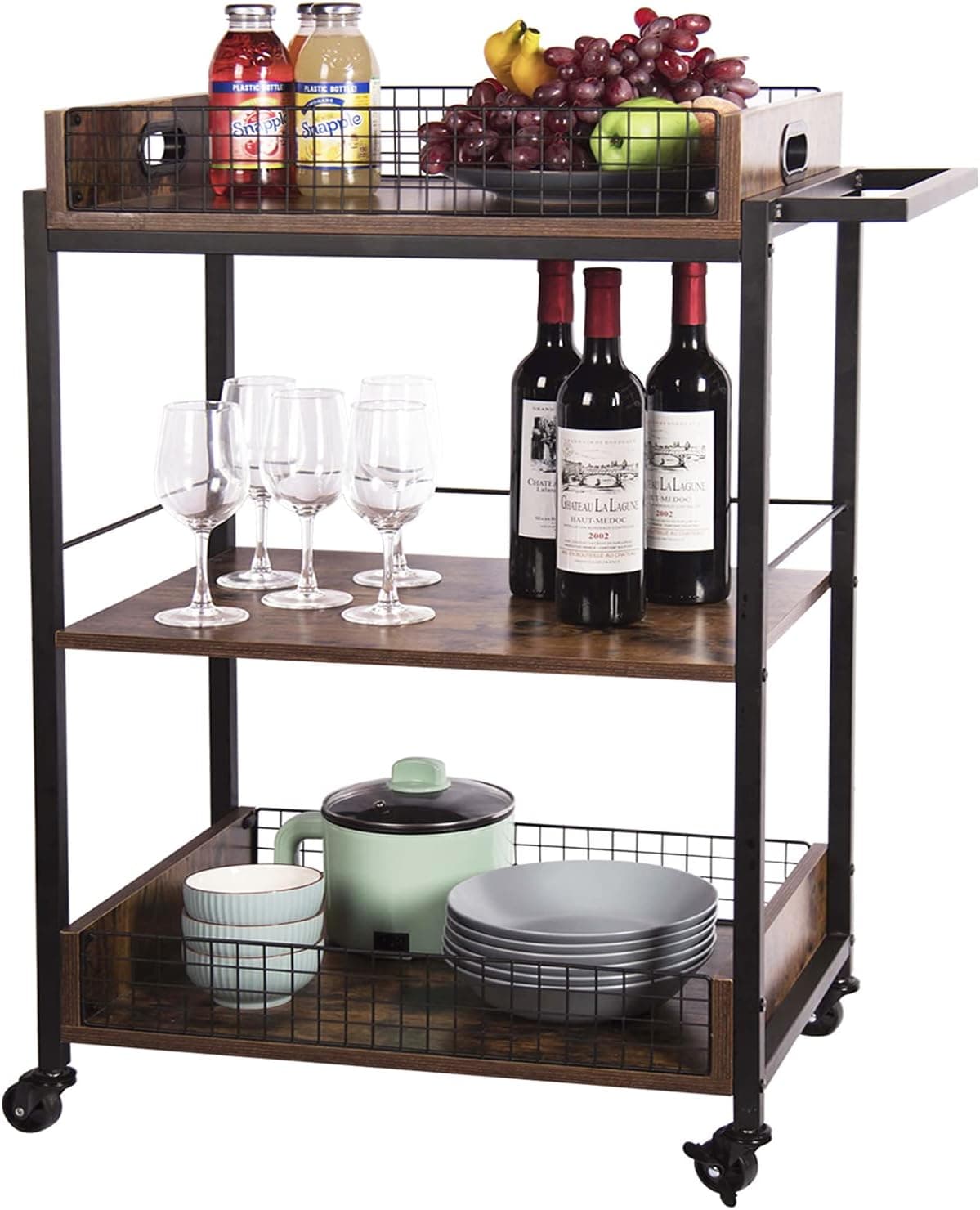 X-cosrack Bar Serving Cart,Mobile Wine Cart on Wheels, Kitchen Carts for Home,Industrial Vintage Style Wood Metal Serving Trolley, with Removable Top Tray,Brown