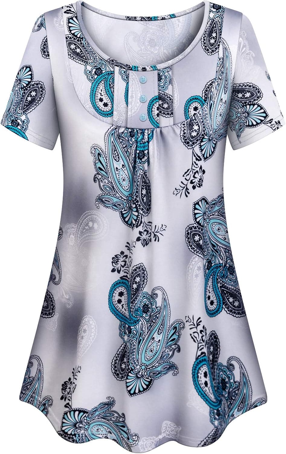 LURANEE Women's Casual Short Sleeve Tunic Tops Pleated Button Down Blouses