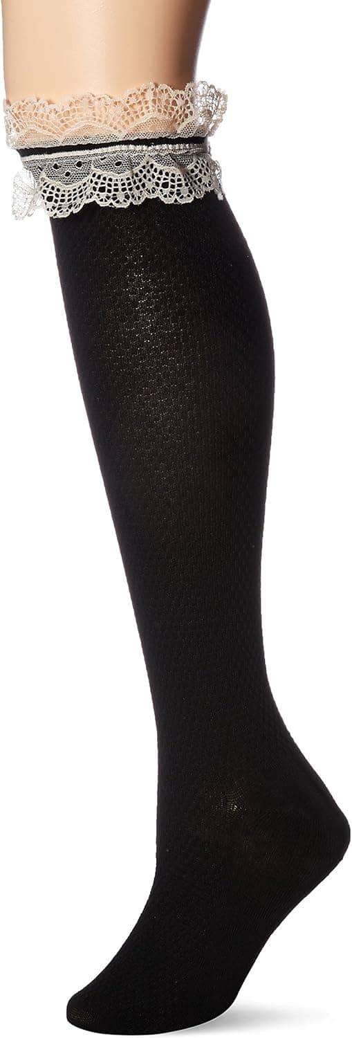 Britt's Knits Boot Socks Checkered with Lace, Black, One Size