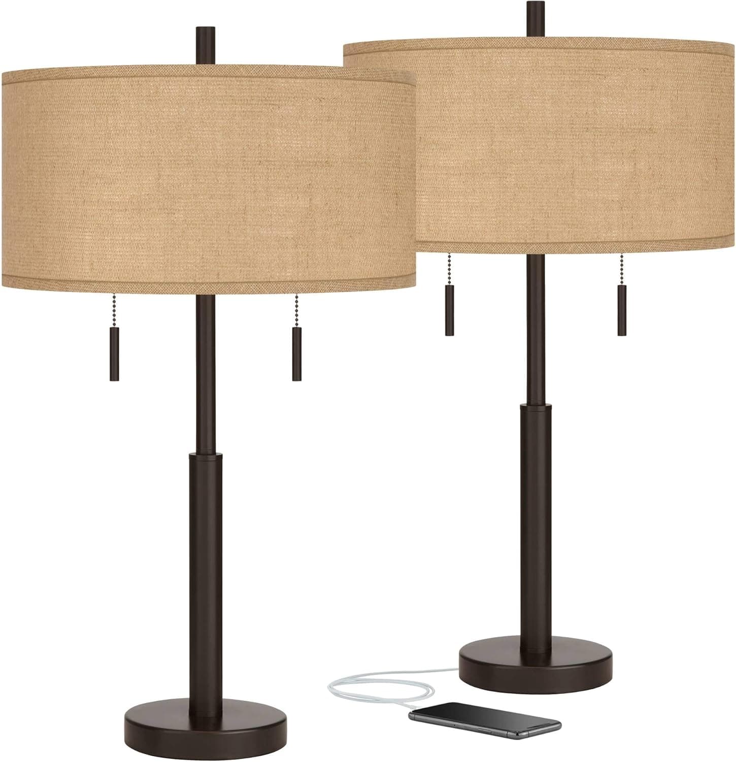 Possini Euro Design Robbie Modern Table Lamps 25 1/2" Tall Set of 2 with USB Charging Ports Bronze Brown Metal Burlap Fabric Drum Shade for Bedroom Living Room House Desk Bedside Nightstand Office