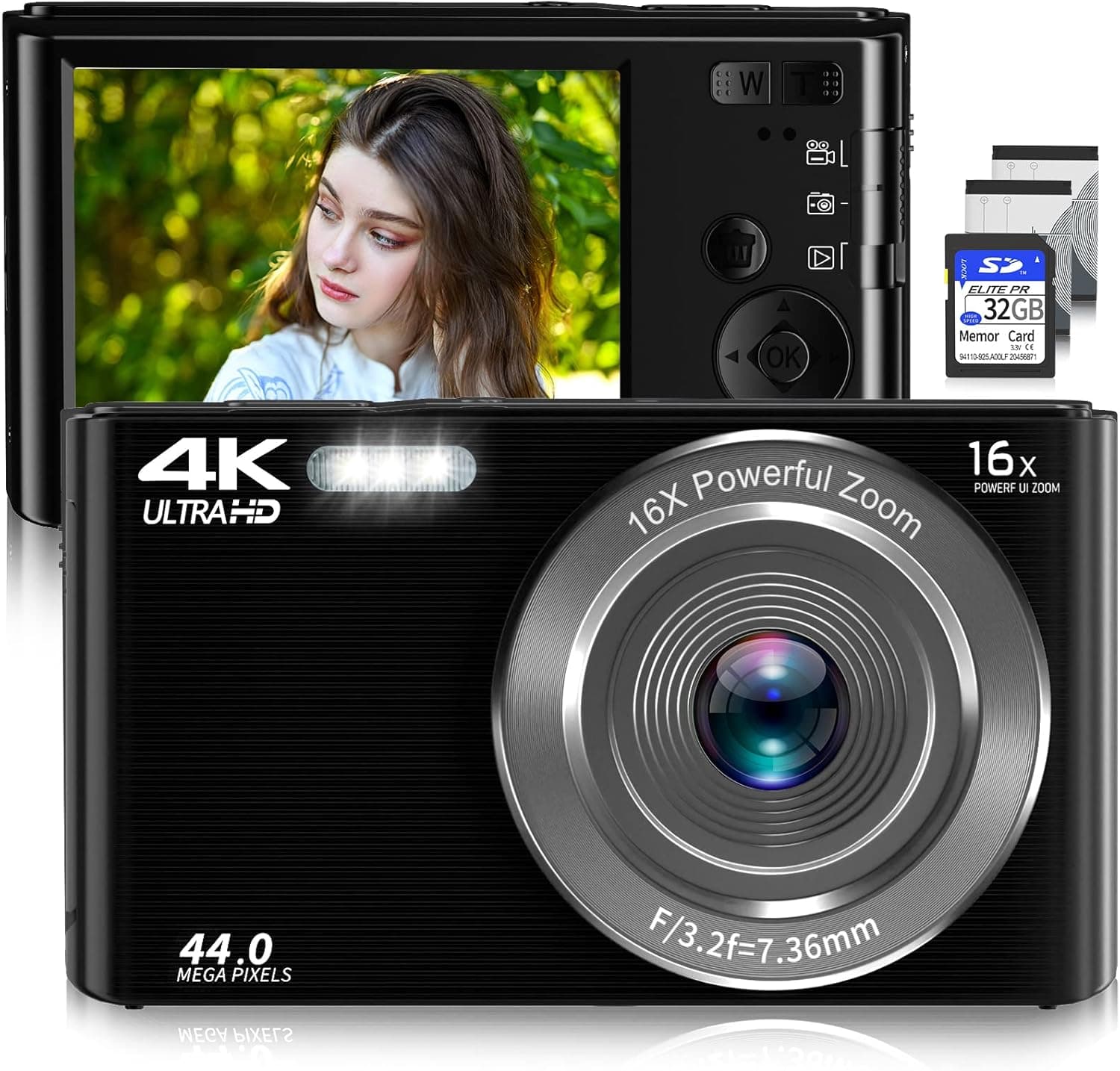 Saneen Digital Camera, 4K Cameras for Photography, 44MP Compact Point and Shoot Photography Cameras for Teens, Kids, Elder, Beginners, 16X Digital Zoom, with 32GB SD Card & 2 Batteries - Black