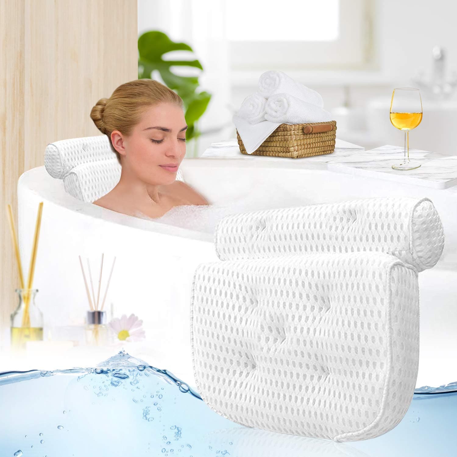 Bath Pillow, Bathtub Spa Pillow with 4D Air Mesh and 7 Suction Cups, Non-Slip and Waterproof Spa Back Cushion for Head, Back and Neck Support