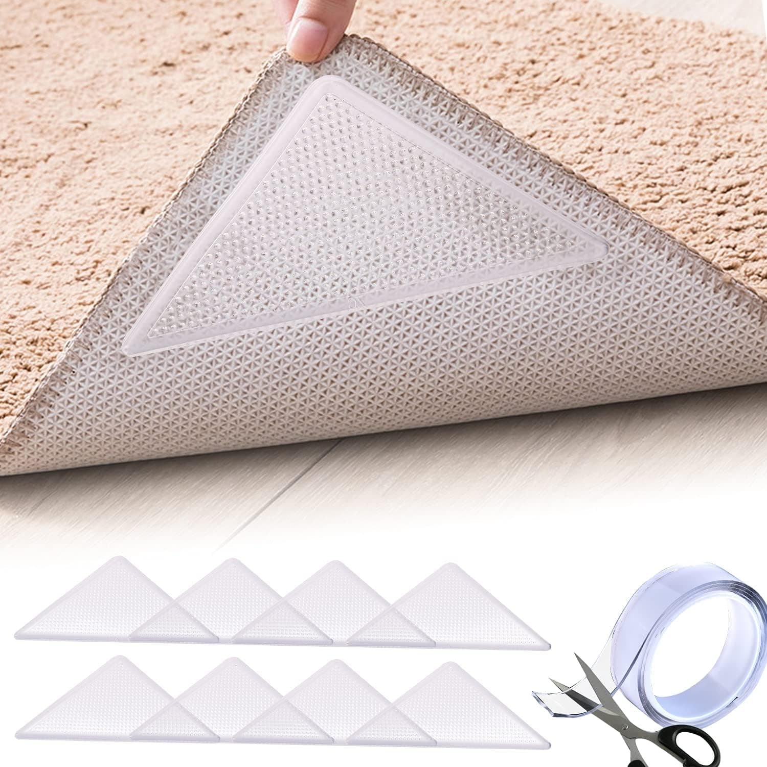 WJFYN Rug Gripper Pad, 8PCS Non Slip Rug Area Pad on Carpet,Double Sided Anti Curling Carpet Tape for Hardwood Floors and Tile with Washable Removable Reusable Eco-Friendly for Area Rugs (White)