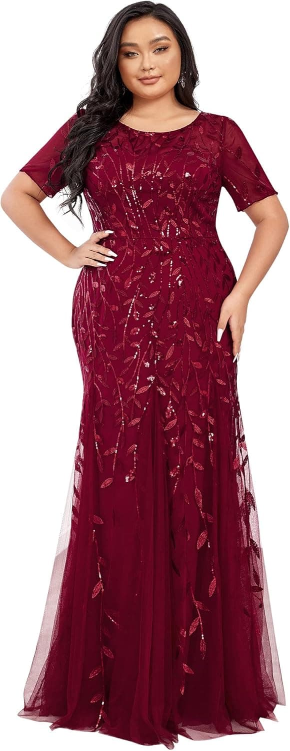 Ever-Pretty Women's Plus Size Sequin Short Sleeves Embroidery Mermaid Maxi Evening Dress 07707-PZUSA