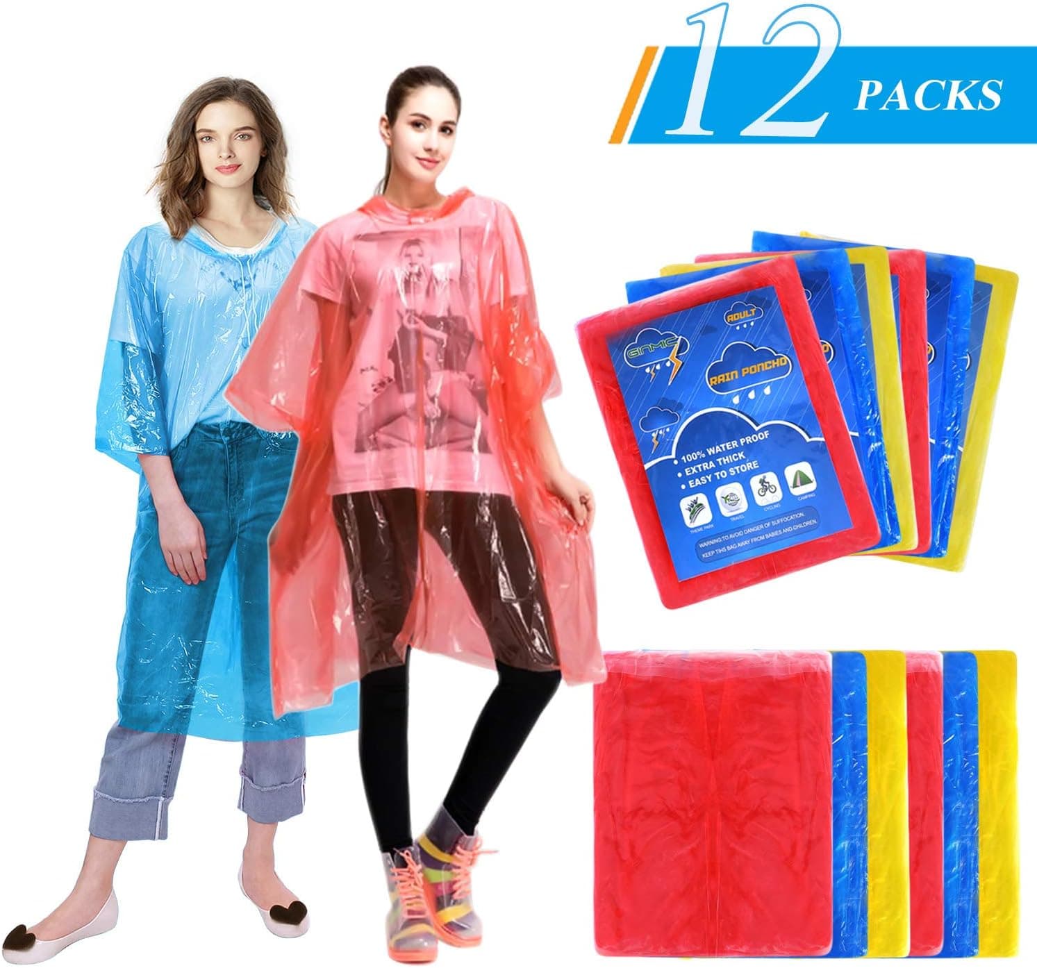 Ginmic Ponchos Family Pack - Rain Ponchos for Kids and Adults, Assorted Colors, Extra Thick 0.03mm, Disposable Emergency Rain Ponchos for Family Travel, Camping, Hiking, Fishing (12Pack-Adults-Colors)