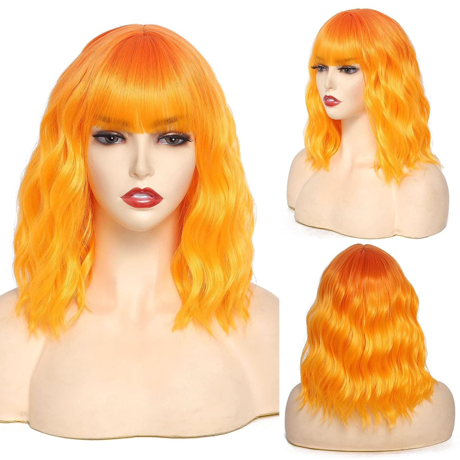 CLIONE Orange Wigs for Women Short Wavy Bob Wig with Bangs Shoulder Length Natural Wavy Synthetic Wig Short Fluffy Bob Curly Wigs Cosplay Party Costume Wigs（Ombre Orange,14 Inch）