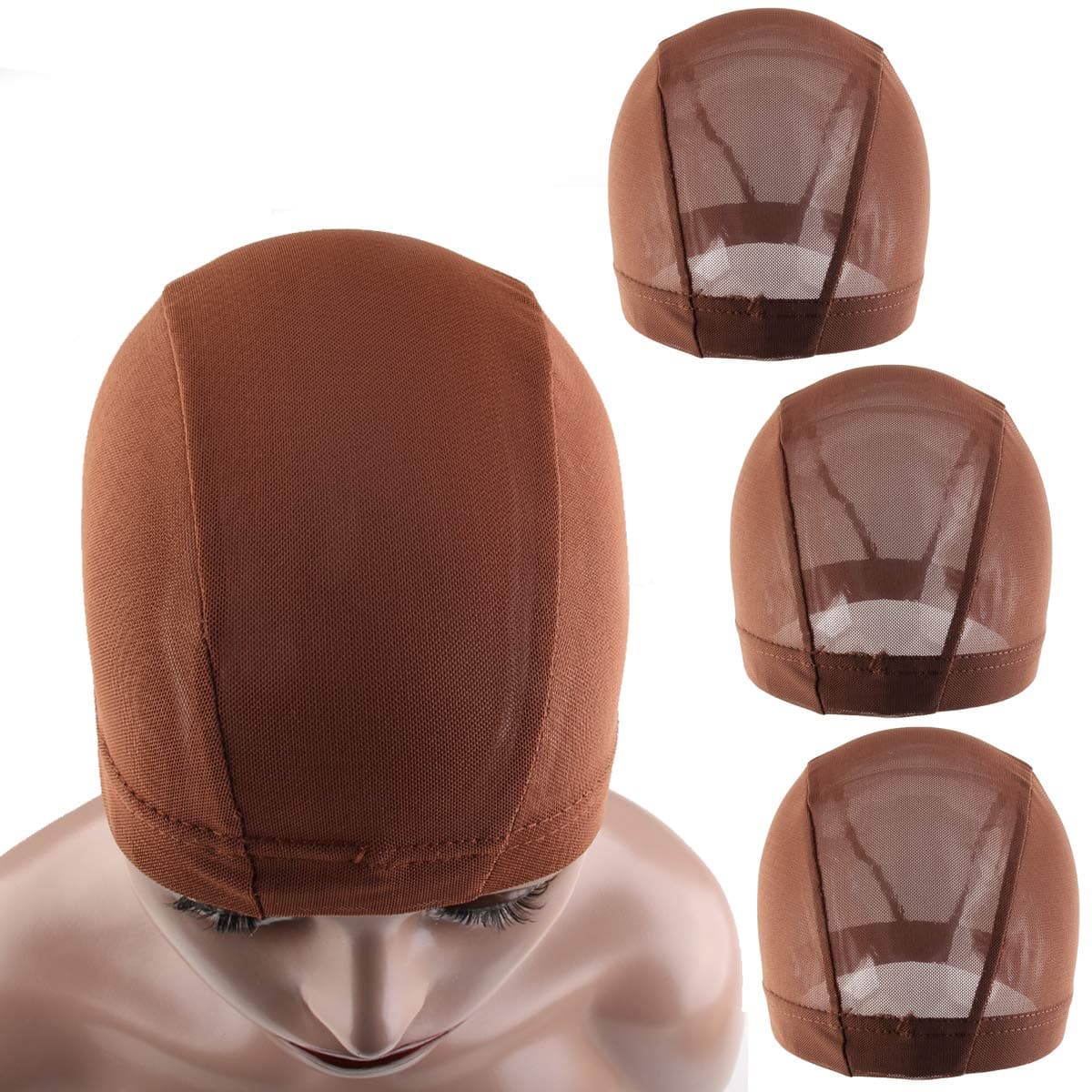 3 Packs Small Spandex Mesh Dome Style Wig Cap, Ultra Stretch Dome Cap, Glueless Hair Weave Net, Elastic Hairnets Wig Caps for Men Women (Dark Brown)