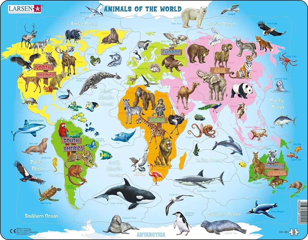 Larsen Puzzles Animals of The World Map 28 Piece Children's Educational Jigsaw Puzzle
