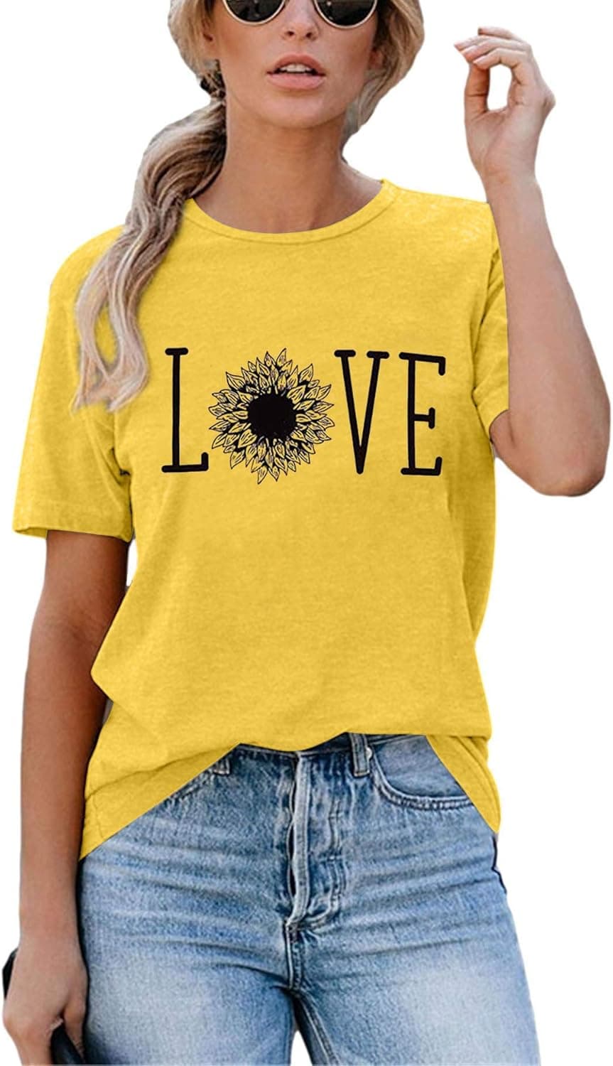 TAOHONG Sunflower T-Shirt Women Cute Flower Shirt Inspirational Graphic Tee Casual Short Sleeve Tee Top