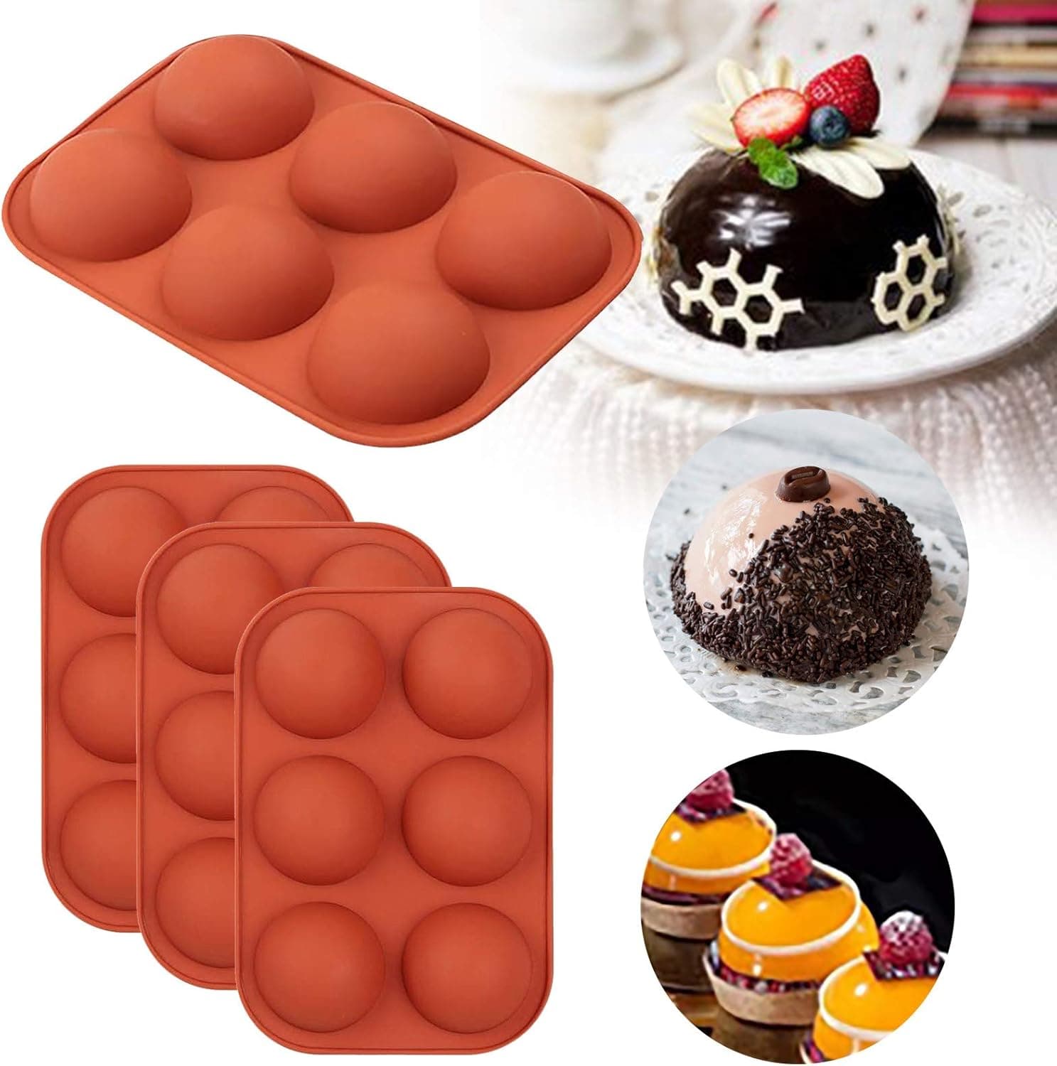Set of 4 6 Holes Silicone Mold For Chocolate, Cake, Jelly, Pudding, Handmade Soap, Round Shape, Dia: 4 1/2 inches, Coffee,Half Ball Sphere Silicone Cake Mold Muffin Chocolate Cookie Baking Mould Pan