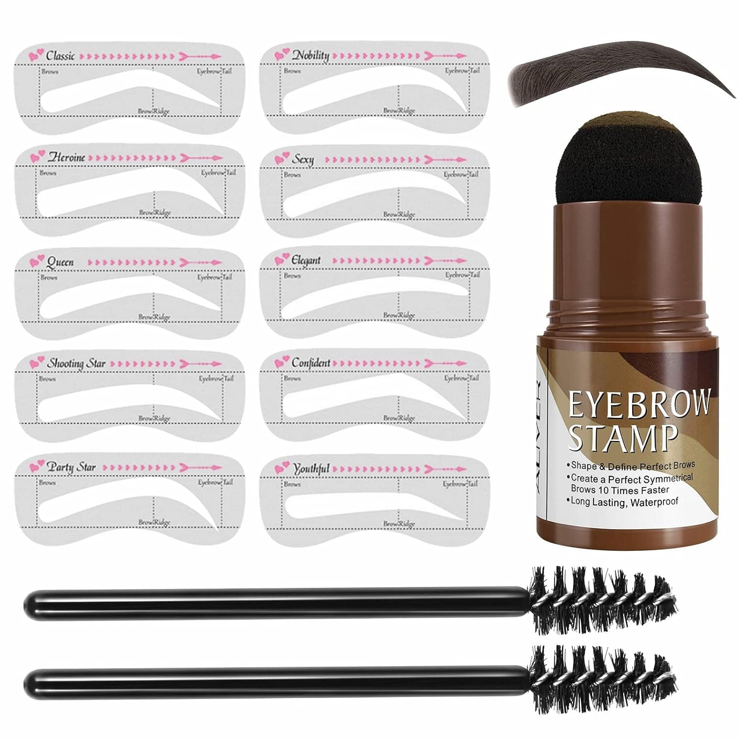 Eyebrow Stamp Stencil Kit - Long Lasting Buildable Eyebrow Makeup Professional Eyebrow Brown Black Powder, 10 Reusable Eyebrow Stencils, 2 Eyebrow Pen Brushes, Definer Sets Gifts for Women (Brown)