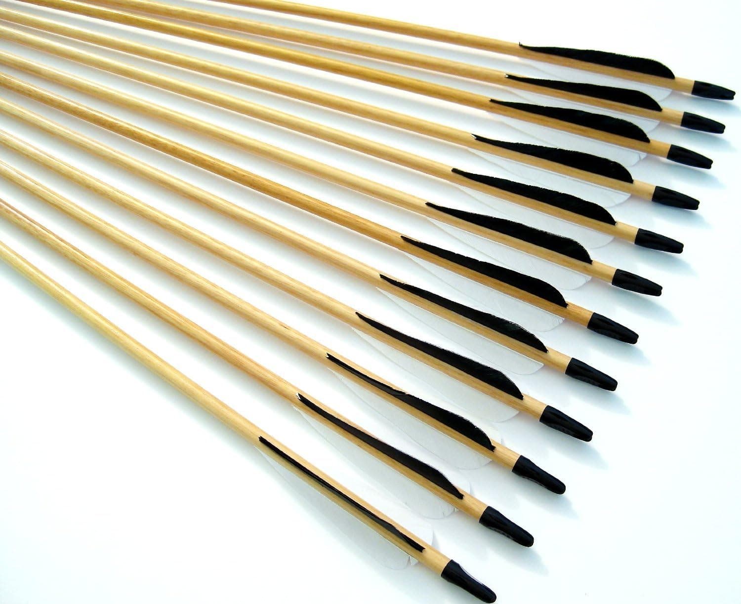 Shiny Black 12 Handsome, Premium Wood Arrows with Turkey Feathers & Stainless Steel Field Points - for Recurve, Compound, or Long Bow. Medium Spine Weight. 28 Inches.