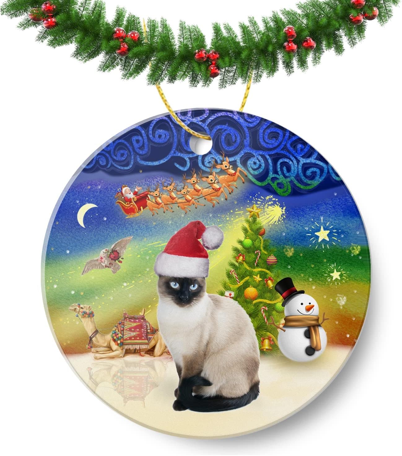 DAIZHAIBA Xmas Siamese Cat Christmas Ornament Round Holiday Present Xmas Tree Decorations Cute Animal Home Decor Ornament Flat Circle Ceramic Ornament 3In, One Size