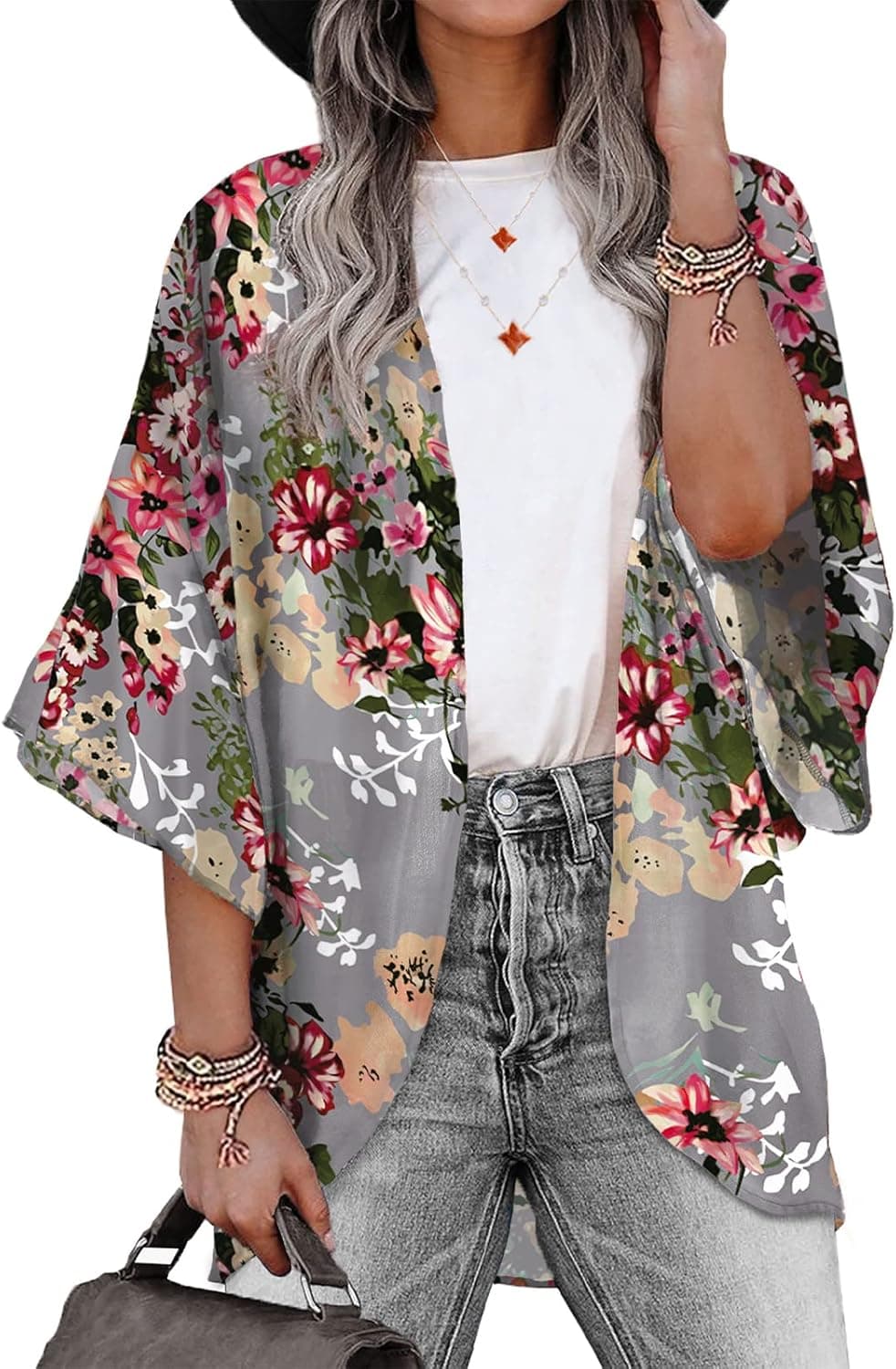 BB&KK Women's Floral Kimono Cardigans Chiffon Casual Loose Open Front Cover Ups Tops