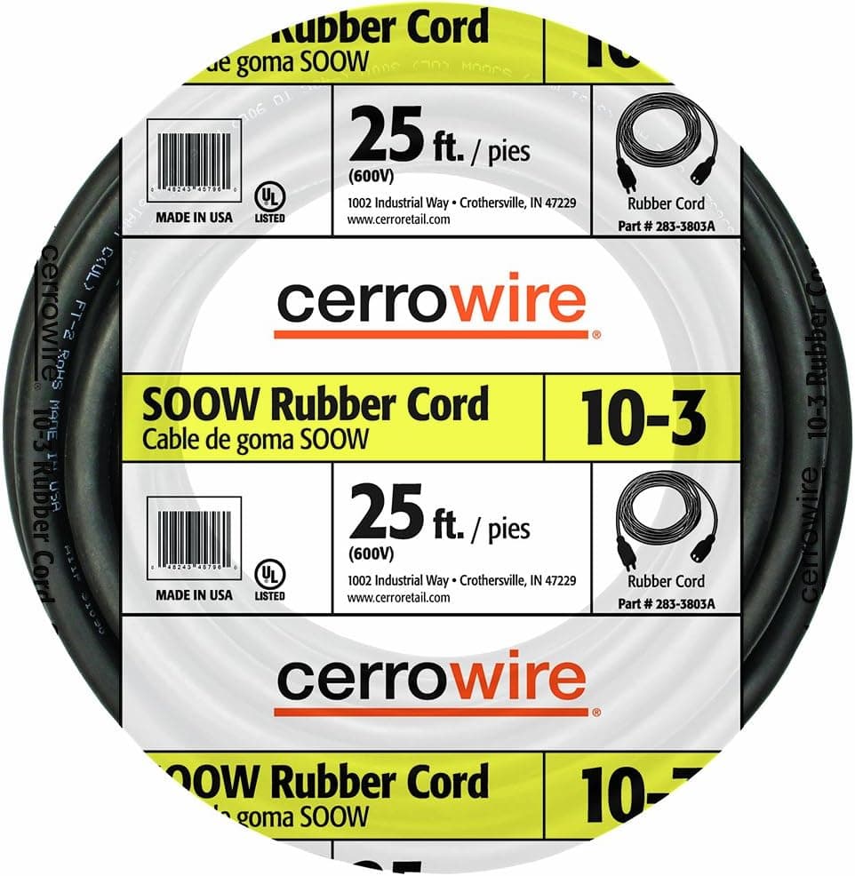 Cerrowire 283-3803A 25-Feet 10/3 SOOW Rubber Flexible Extra Heavy Duty Cord, Black
