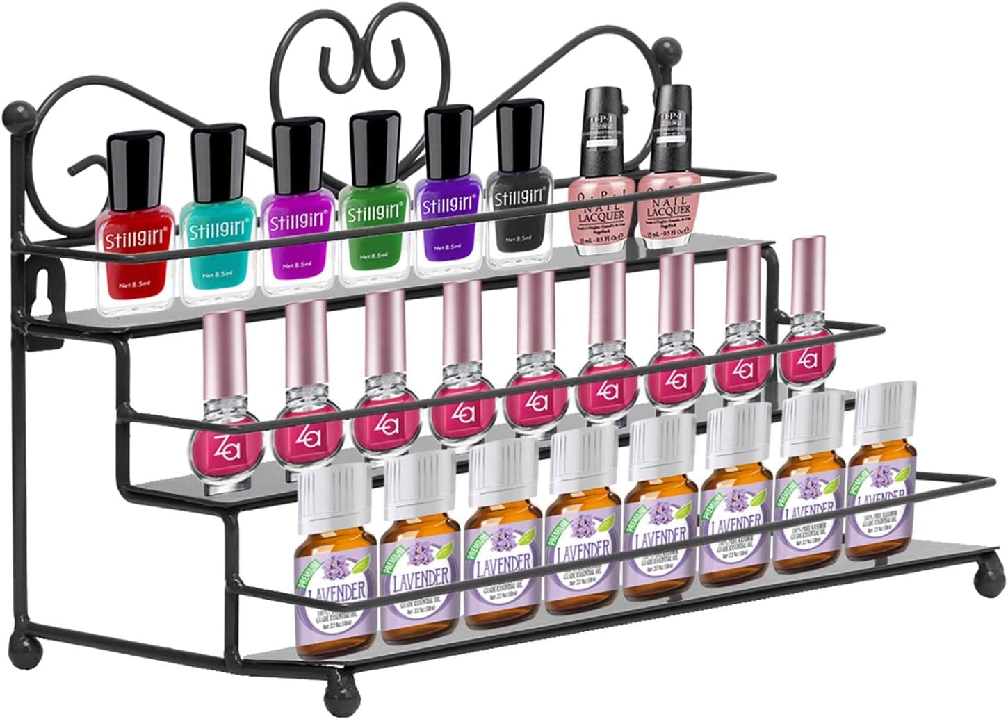 Dazone Mounted 3 Tier Metal Shelf Nail Polish Wall Rack Essential Oils Perfume Organizer (Black)