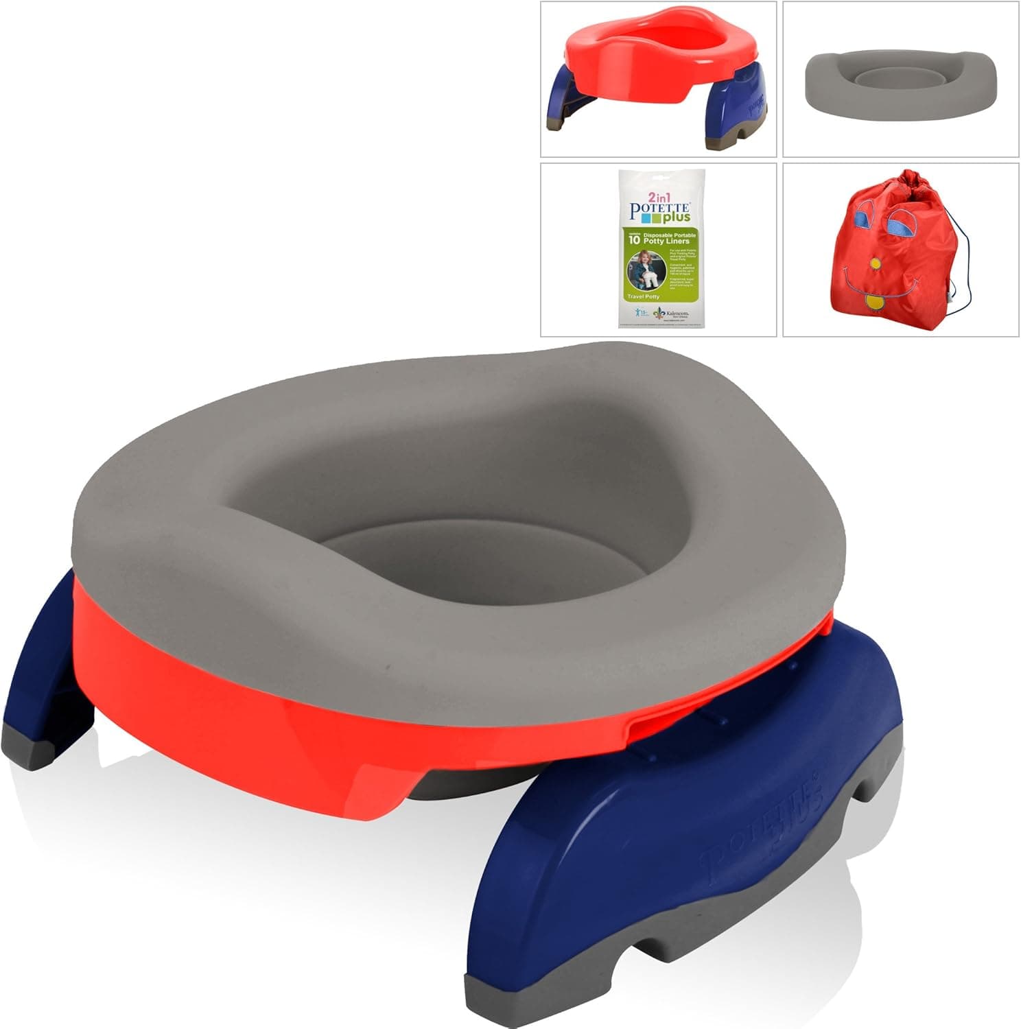 Kalencom Potette Potty Value Bundle: Potette Plus 2-in-1 Travel Potty | Home-Use Collapsible Reusable Potty Liner | 10-Pack Disposable Potty Liners | Drawstring Carry Bag (Red/Gray)
