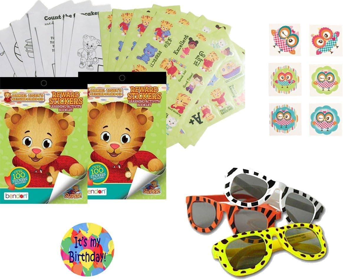 Birthday Party Favors for 12 - Kids Animal Print Sunglasses (12), Owl Tattoos (36), 2 Daniel Tiger Booklets with Reward Stickers Sheets and Activity Pages and a Happy Birthday Sticker