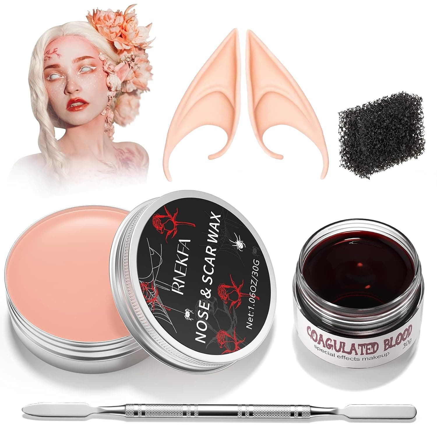 Scar Wax Kit, RNEKFA 5 PCS SFX Makeup Kit, Halloween SFX Special Effects Makeup Kit with Fake Blood, Makeup Wax, Black Stipple Sponge, Spatula Tool and Elf Ears for Cosplay Halloween Party Stage