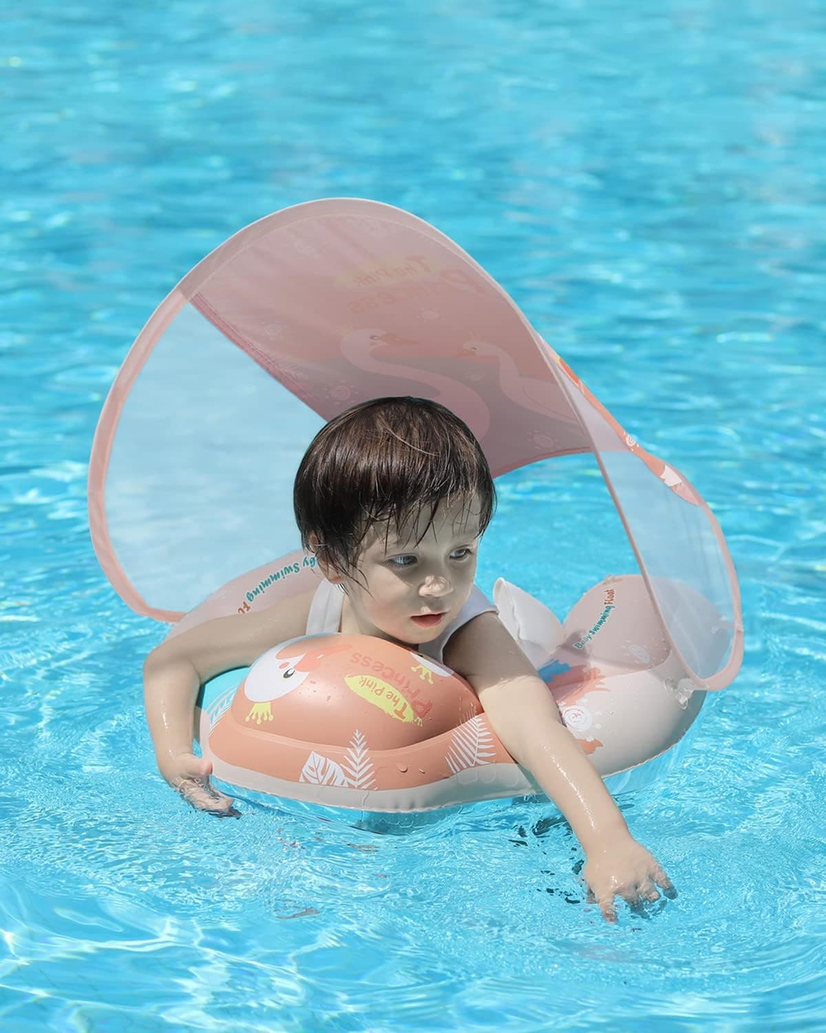 Free Swimming Baby Infant Pool Float with Sun Canopy Size Improved Inflatable Swan Baby Floatie with Sponge Safety Bottom Support Water Toys Swim Trainer for Age of 3-72 Months (Pink, X-Large)