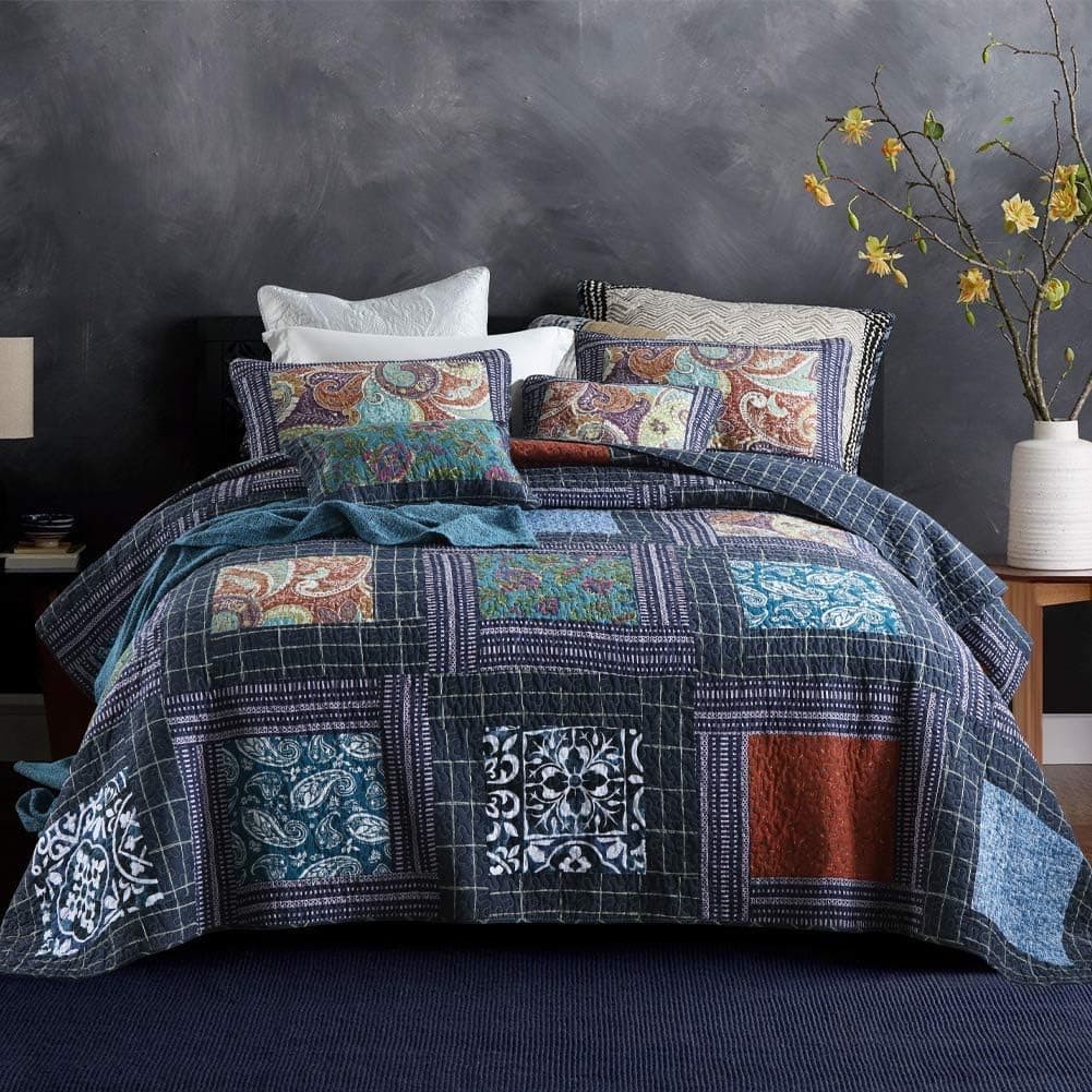 Secgo Quilts Queen Size - 100% Cotton Bedding Set (90 * 98 Inch) with 2 Pillow Shams, Patchwork Reversible Lightweight Bedspread, Quilted Coverlet Fit All-Season