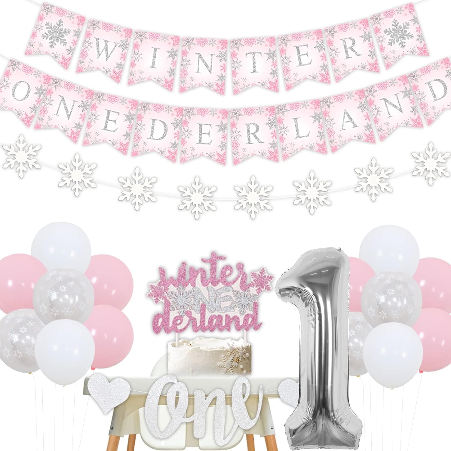 Winter Onederland 1st Birthday Decorations Winter Wonderland 1st Birthday Party Decorations for Girl Pink Snowflake Themed Party Supplies Onederland Banner Cake Topper