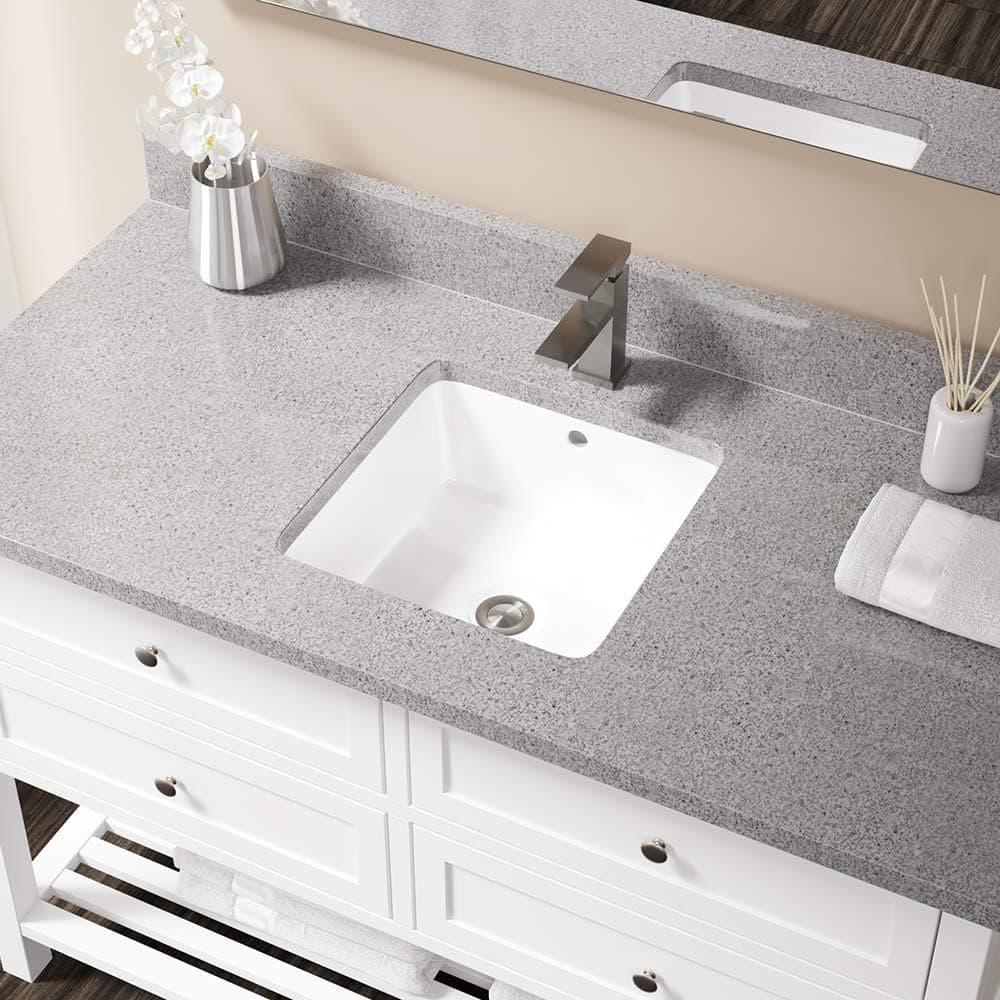 U1414-White Undermount Porcelain Bathroom Sink Ensemble, Brushed Nickel Drain