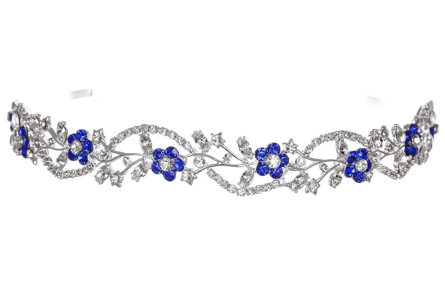 Bridal Flower Rhinestones Crystal Wedding Headband Tiara - Blue Crystal Silver Plated T1164