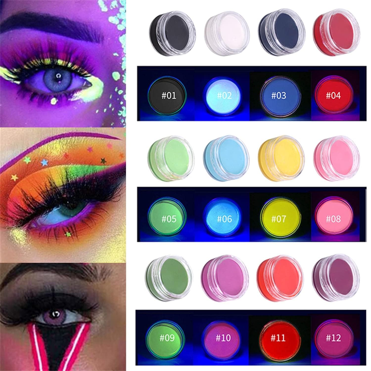 BONNIESTORE 12Pcs Water Activated Eyeliner, U V Glow Neon Cake Paint, 12 Neon Colors Cake Hydra Eye Liner, U V Glow Blacklight Luminous Body Face Art Paint Makeup for Halloween, Party and Club Makeup