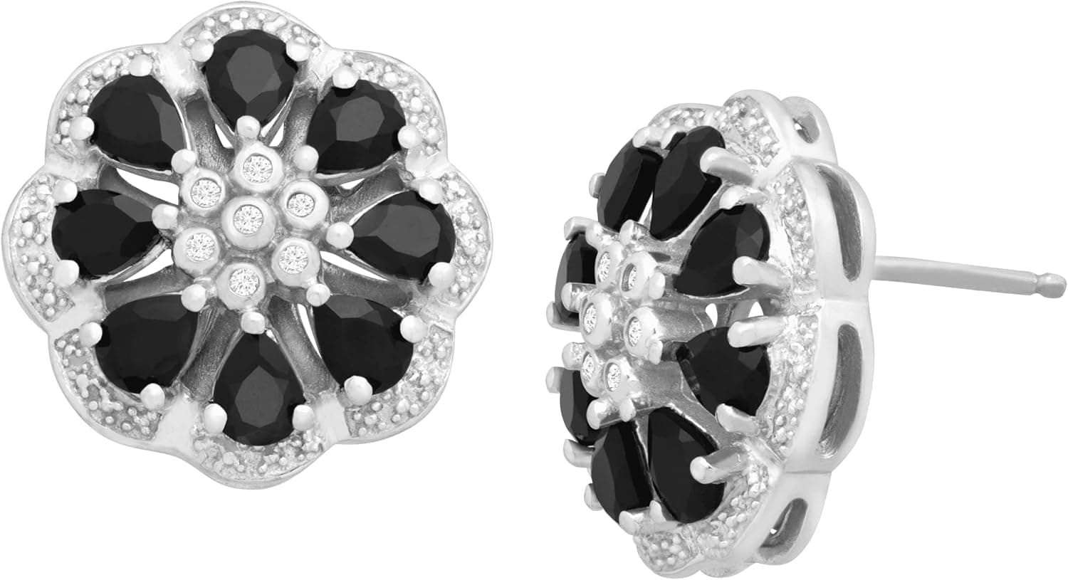Finecraft 1 5/8 ct Natural Onyx Flower Stud Earrings with Diamonds in Sterling Silver