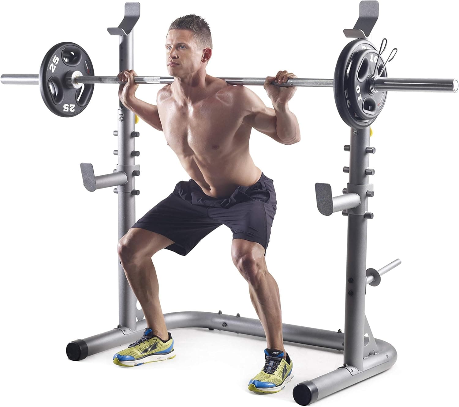Weider XRS 20 Olympic Squat Rack with Adjustable Safety Spotters and Bar Holds