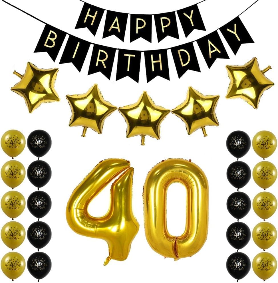 40th Birthday Decorations Kit - Happy Birthday Banner,40th Birthday Balloons Gold and Black,Number 40 Foil Balloons - 40th Birthday Party Supplies