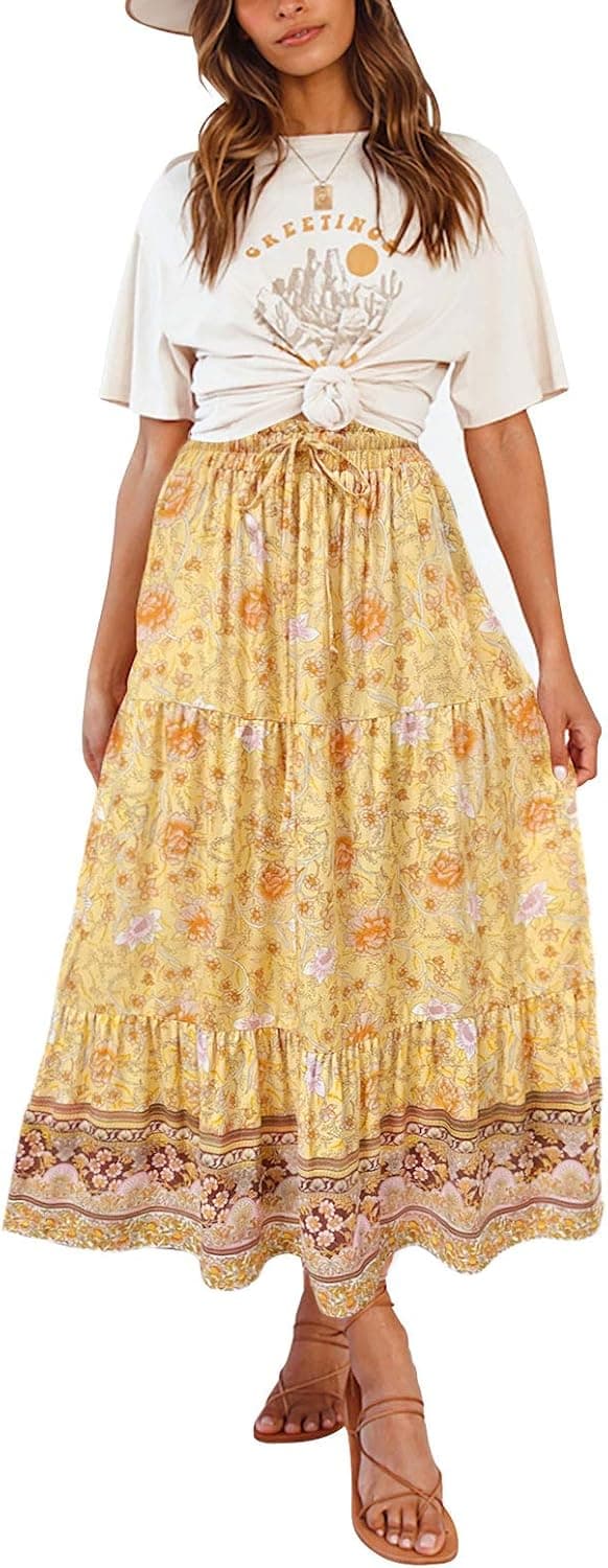 ZESICA Women's 2023 Bohemian Floral Printed Elastic Waist A Line Maxi Skirt with Pockets