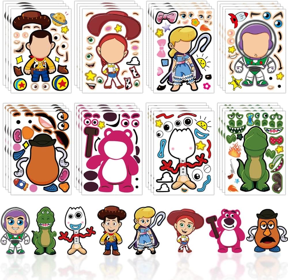 40 PCS Toy Stickers for Toy Party Favors,Make a Face Sticker Sheets,Make Your Own Cartoon Sticker Sheets for Toy Birthday Party Supplies.