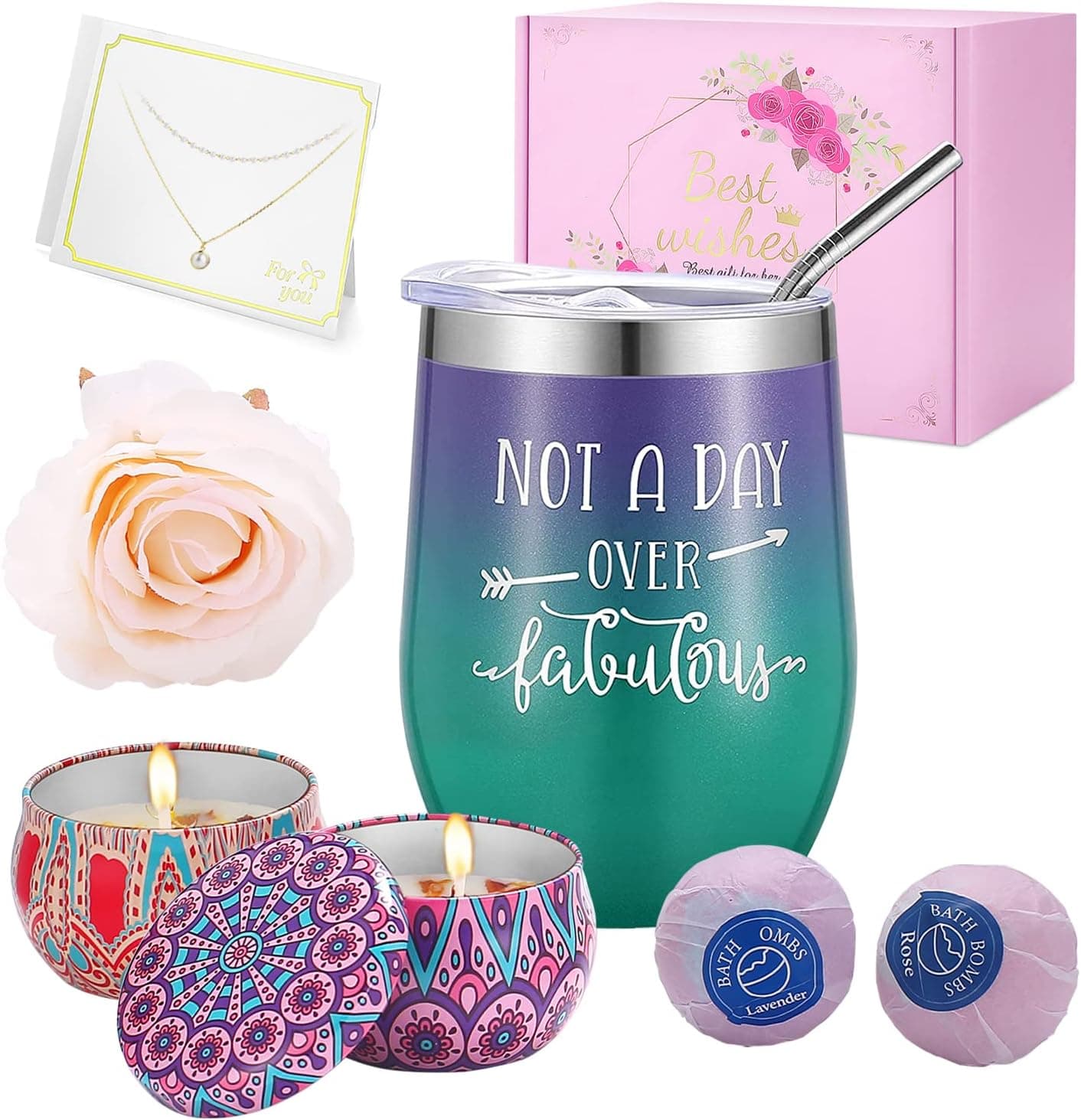 Birthday Gifts for Women-Insulated Wine Tumbler,2xScented Candles,2xBath Bombs,1xNecklace Unique Gifts for Her
